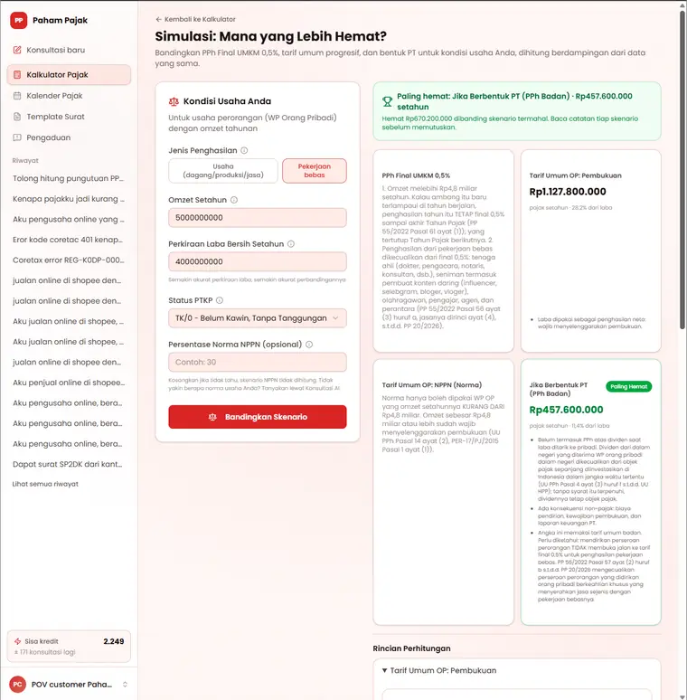 Simulasi perbandingan skenario pajak
