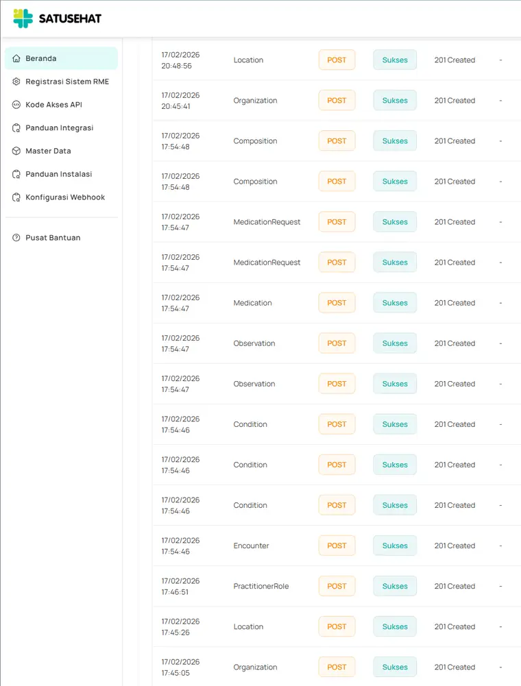 Catatan pengiriman data Seha di konsol SATUSEHAT